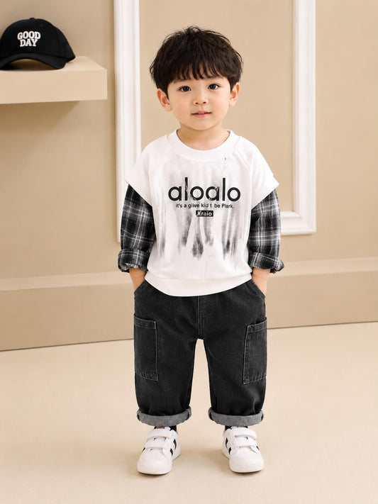 Product Title  Boys Premium 2 Pcs Casual Cord Set – White Printed T-Shirt & Black Denim Pants | Size 18–26