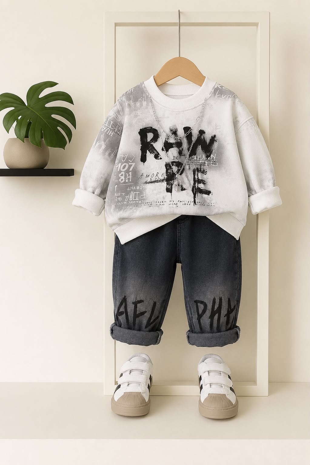 Product Title  Boys Premium 2 Pcs Casual Cord Set – Grey Graphic Sweatshirt & Black Denim Jogger Pants | Size 18–26