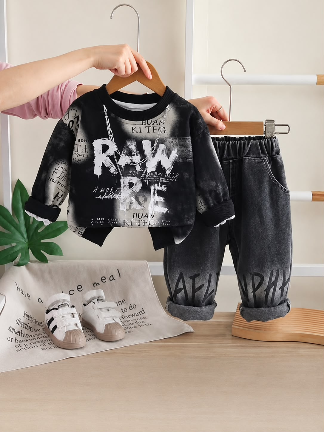 Product Title  Boys Premium 2 Pcs Casual Cord Set – Black Printed Sweatshirt & Denim Pants | Size 18–26