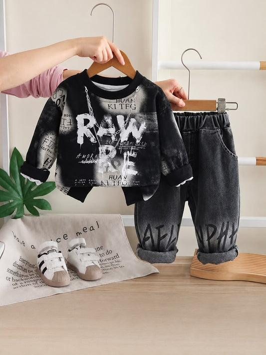 Product Title  Boys Premium 2 Pcs Casual Cord Set – Black Printed Sweatshirt & Denim Pants | Size 18–26