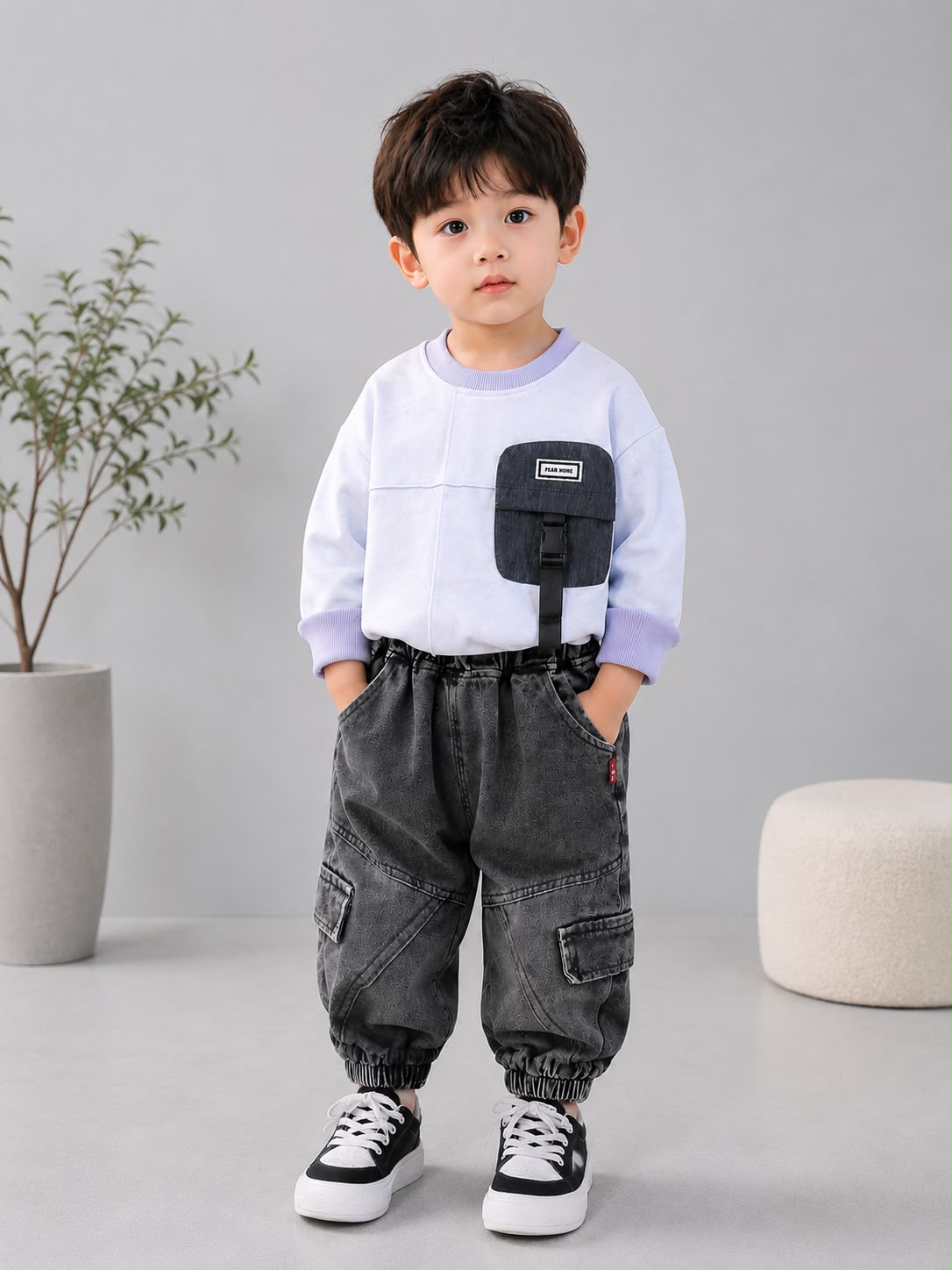 Product Title  Boys Premium 2 Pcs Casual Cord Set – Sky Blue Sweatshirt & Black Cargo Jogger Pants | Size 18–26