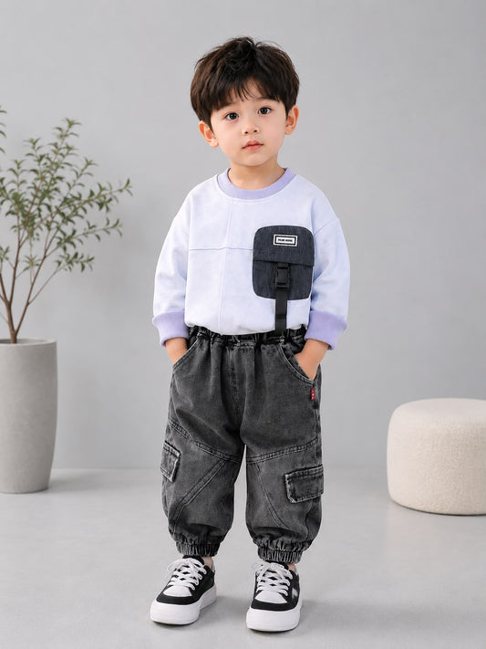 Product Title  Boys Premium 2 Pcs Casual Cord Set – Sky Blue Sweatshirt & Black Cargo Jogger Pants | Size 18–26