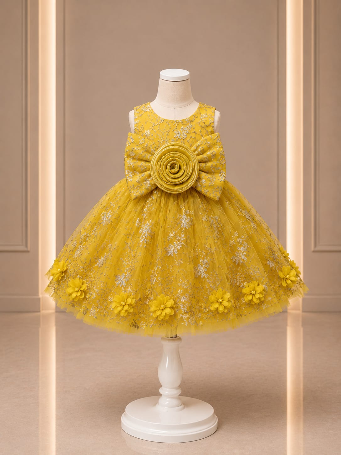 Product Title  Girls Premium Mustard Yellow Party Wear Frock – Designer Princess Dress with Floral Bow | Size 16–22