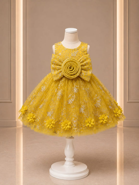 Girls Premium Mustard Yellow Party Wear Frock – Designer Princess Dress with Floral Bow | Size 16–22