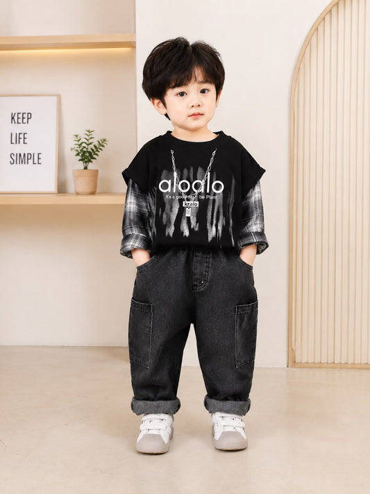 Product Title  Boys Premium 2 Pcs Casual Cord Set – Black Printed T-Shirt & Black Denim Jogger Pants | Size 18–26