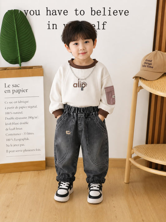 Product Title  Boys Premium 2 Pcs Casual Cord Set – Cream Printed Sweatshirt & Black Denim Jogger Pants | Size 18–26