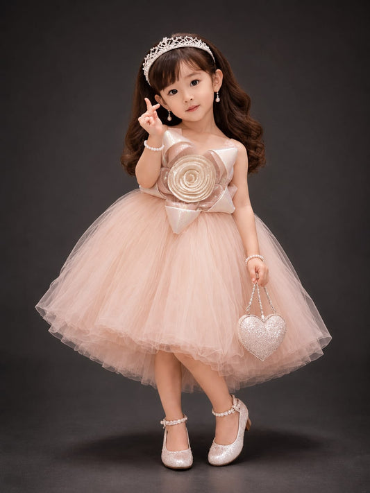 Girls Premium Peach Party Wear Frock with 3D Floral Bow | Birthday & Wedding Dress | Size 18–22