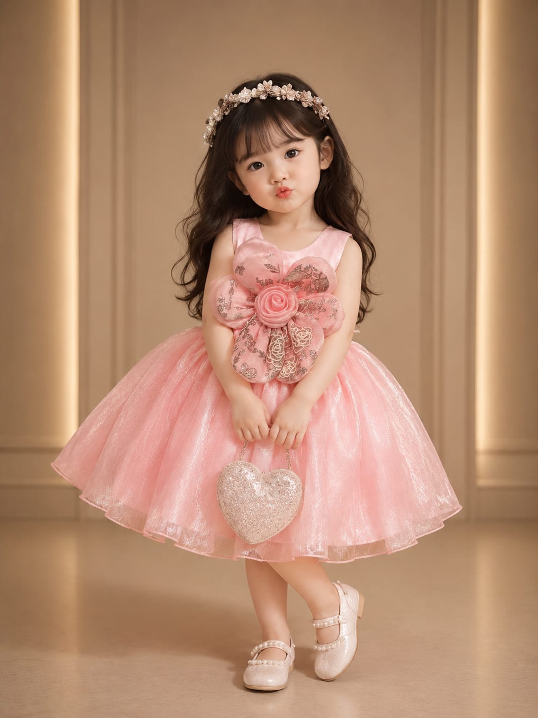 Girls Premium Pink Princess Party Wear Frock with 3D Floral Applique | Birthday & Wedding Dress | Size 16–18