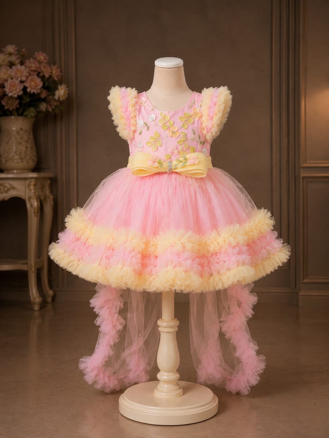 Girls Premium Pink High-Low Party Wear Frock with Floral Embroidery | Birthday & Wedding Dress | Size 16–22