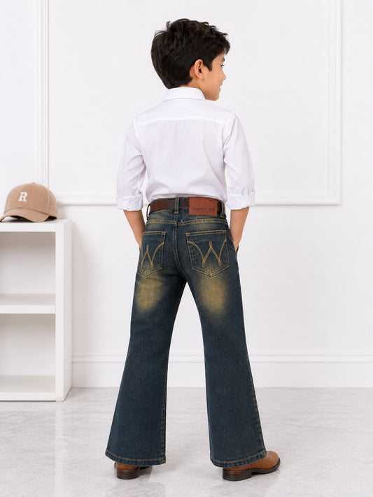 Wanster Boys Premium Vintage Wash Boot Cut Denim Jeans | Stylish Kids Bootcut Jeans | Size 26–36