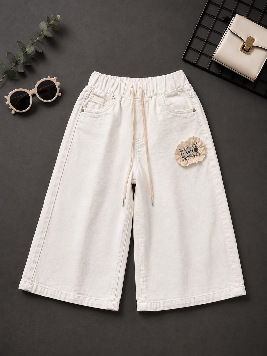 Girls Premium White Wide Leg Denim Culottes | Elastic Waist Kids Jeans | Size 18–22