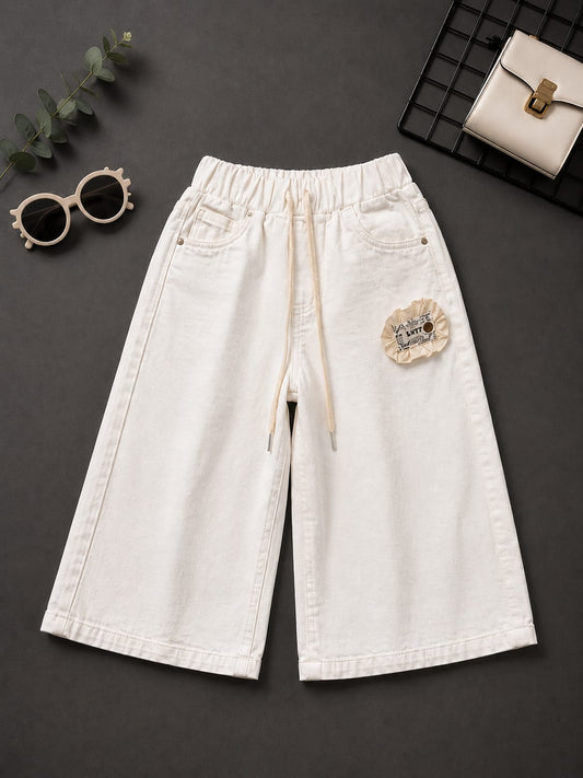 Girls Premium White Wide Leg Denim Culottes | Elastic Waist Kids Jeans | Size 18–22