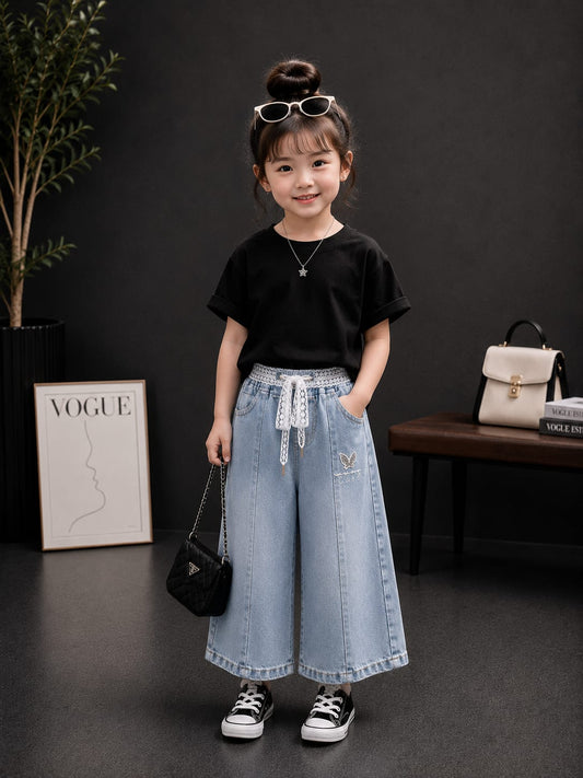 Girls Premium Light Blue Wide Leg Denim Culottes | Lace Waist Kids Jeans | Size 18–20