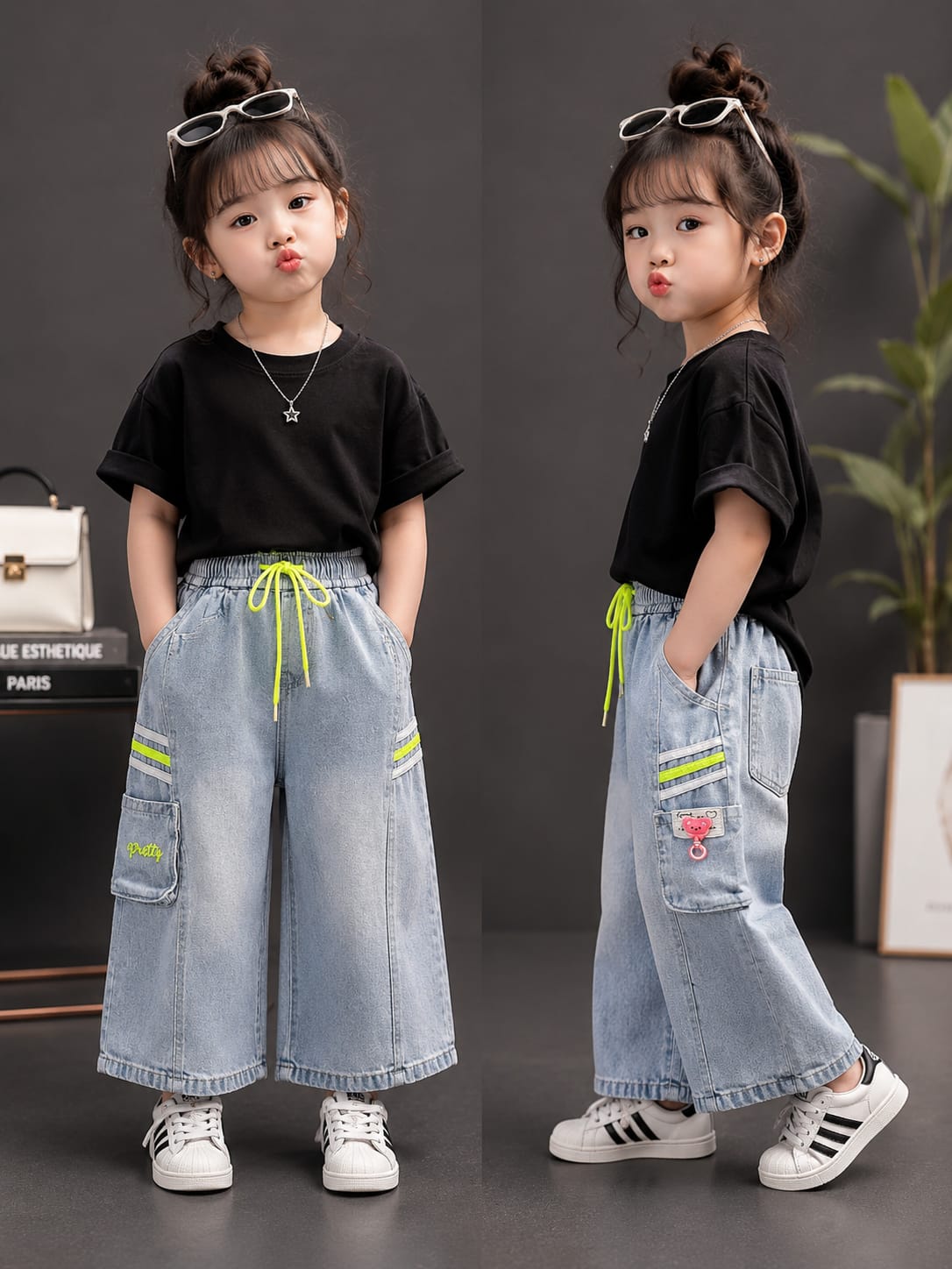 Girls Light Blue Wide Leg Cargo Denim Jeans | Premium Elastic Waist Culottes | Size 20–24