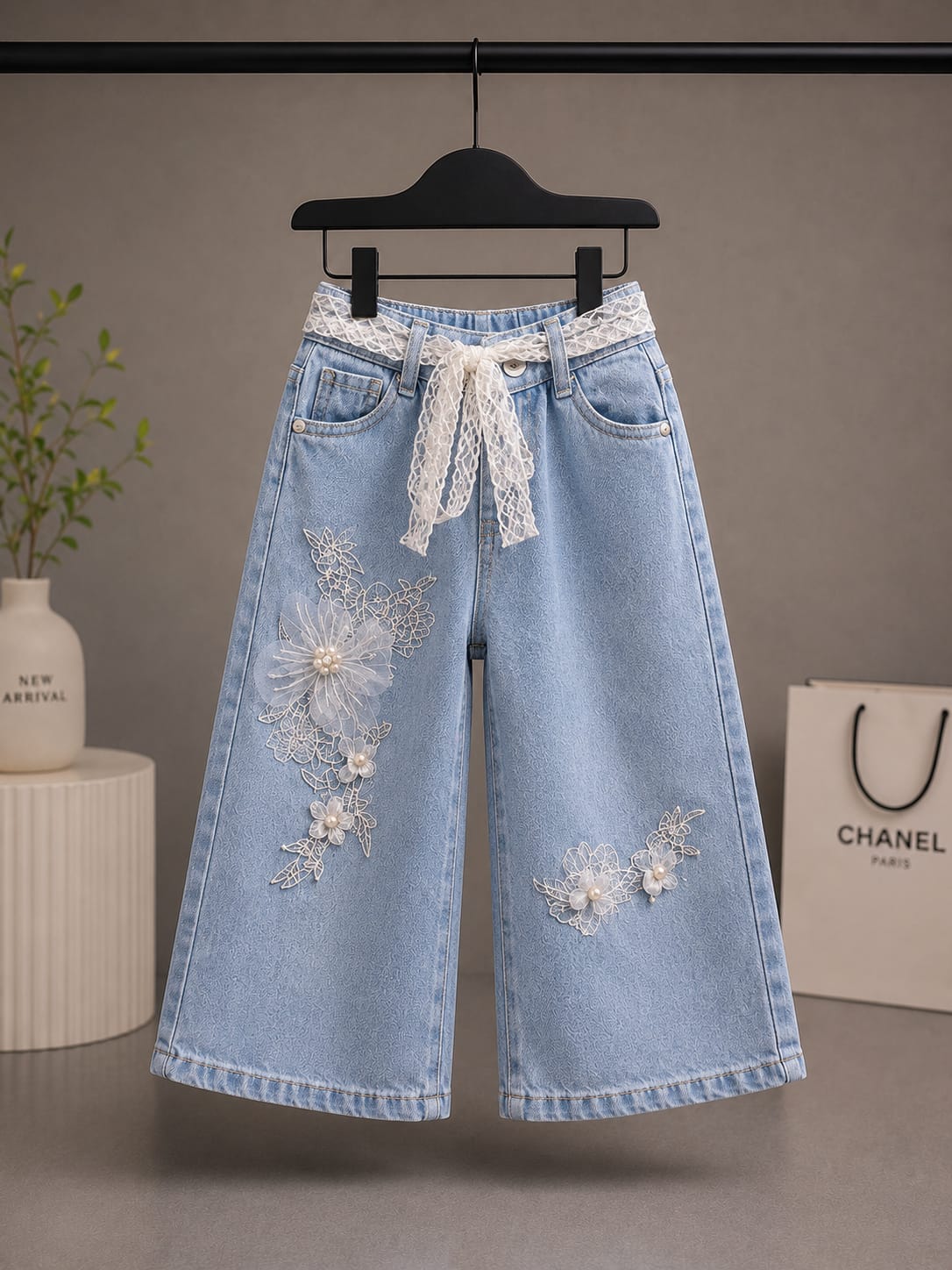 Girls Light Blue Floral Embroidered Wide Leg Denim Jeans | Premium Fashion Jeans | Size 20–26