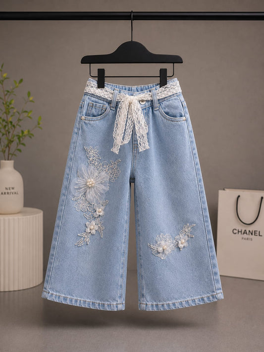 Girls Light Blue Floral Embroidered Wide Leg Denim Jeans | Premium Fashion Jeans | Size 20–26