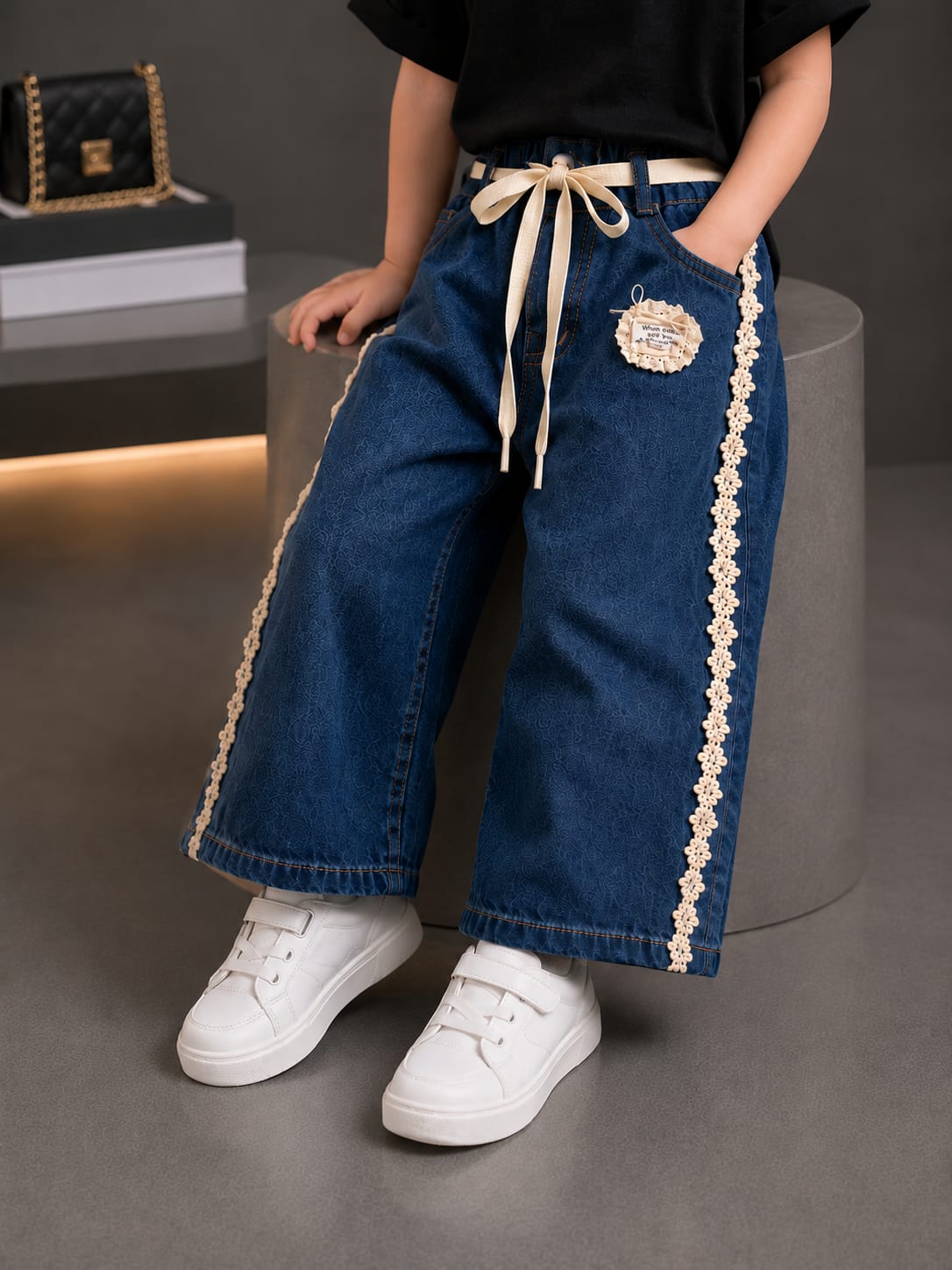 Girls Premium Dark Blue Wide Leg Denim Culottes | Lace Side Kids Jeans | Size 18–24