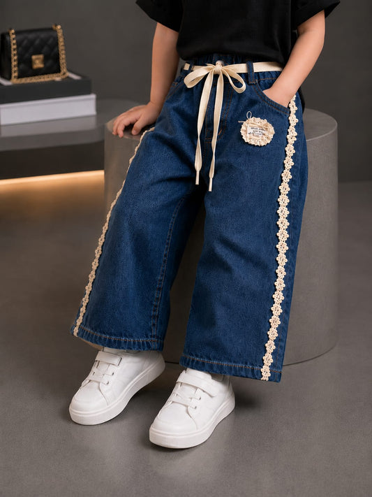 Girls Premium Dark Blue Wide Leg Denim Culottes | Lace Side Kids Jeans | Size 18–24