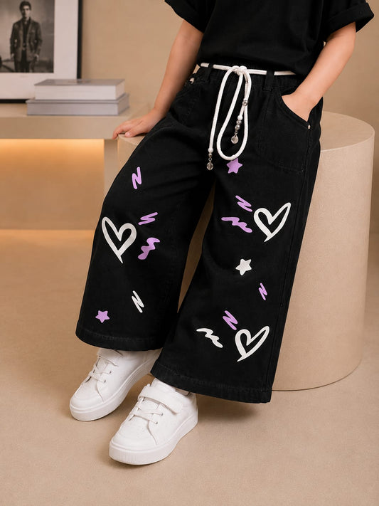 Girls Black Heart Print Wide Leg Denim Jeans | Premium Casual Fashion Jeans | Size 22–30
