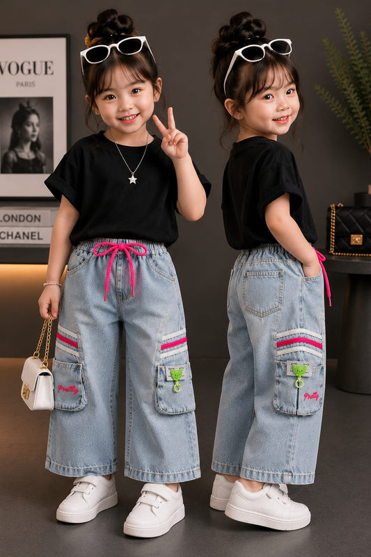 Girls Light Blue Cargo Wide Leg Denim Jeans | Premium Fashion Cargo Jeans | Size 20–24