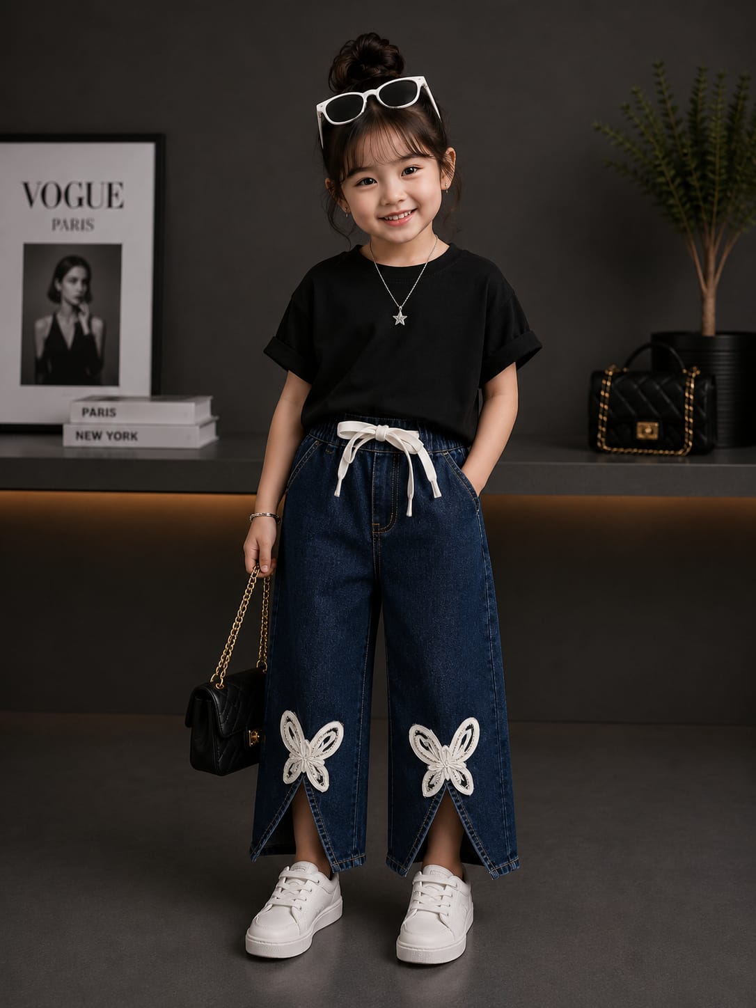 Girls Dark Blue Butterfly Applique Wide Leg Denim Jeans | Premium Fashion Jeans | Size 18–24