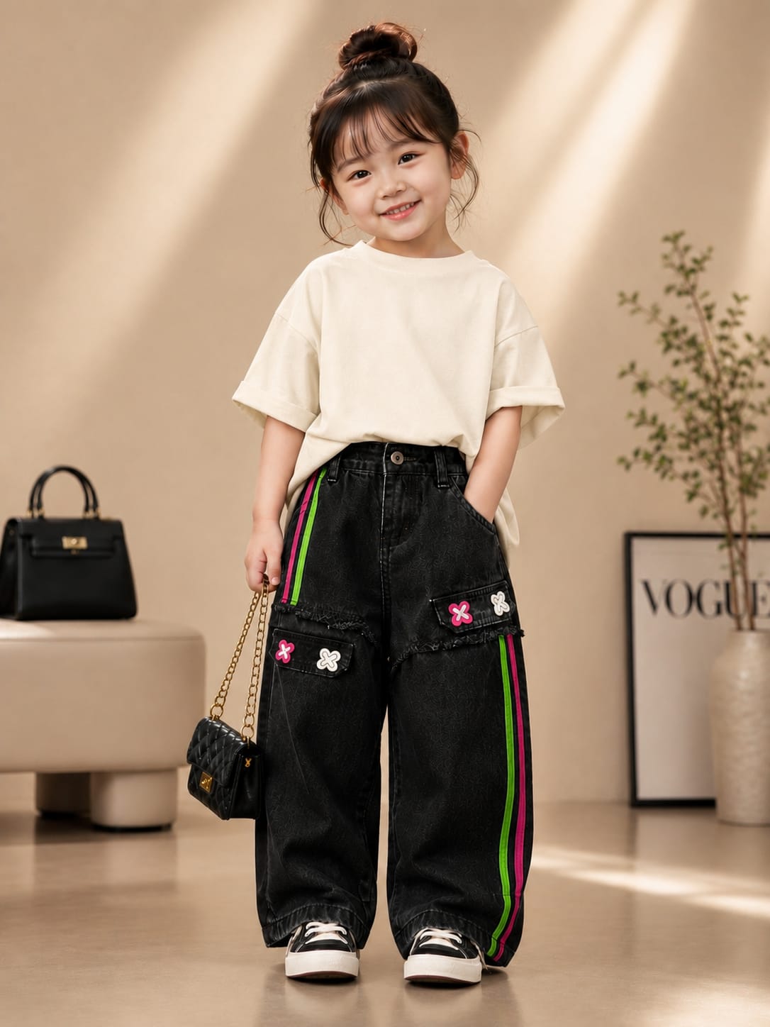 Girls Black Wide Leg Designer Denim Jeans | Neon Side Stripe Cargo Style Jeans | Size 24–36