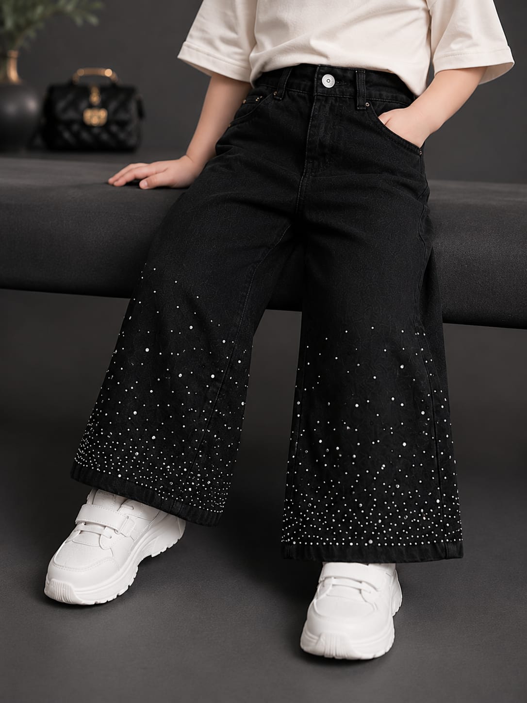 Girls Black Rhinestone Wide Leg Denim Jeans | Premium Party Wear Fashion Jeans | Size 20–22