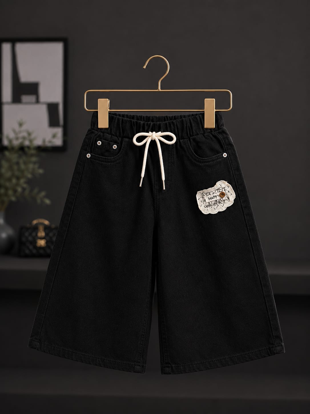Girls Black Wide Leg Denim Jeans | Premium Casual Baggy Jeans with Drawstring | Size 18–24