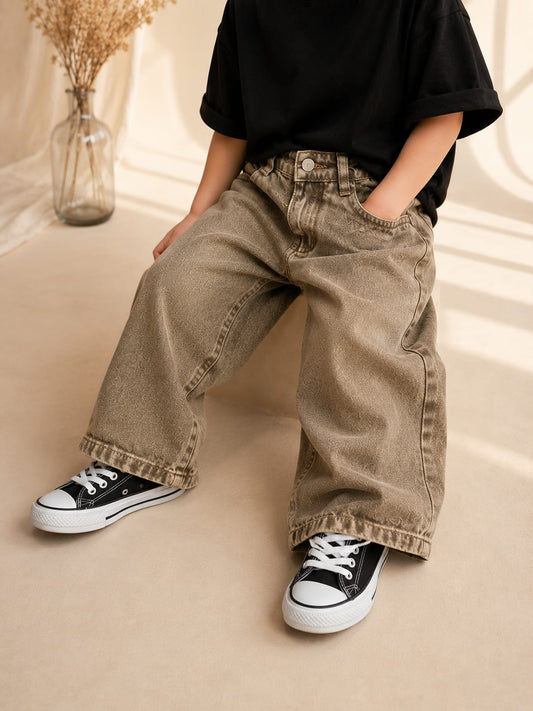 Kids Premium Khaki Wide Leg Denim Jeans | Trendy Baggy Fit | Unisex Casual Jeans | Size 18–24