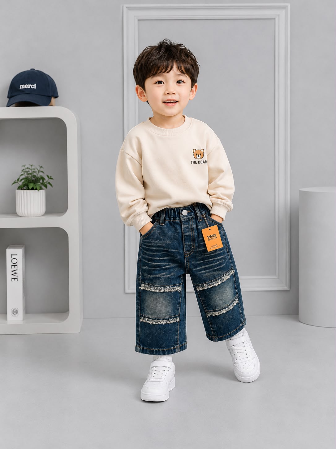 Wanster Kids Dark Blue Distressed Patch Denim Jeans | Premium Boys Casual Wear | Size 18–26