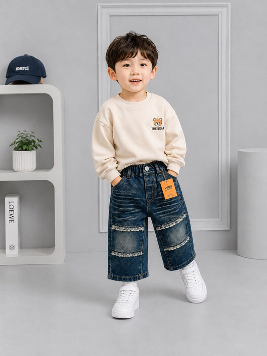 Wanster Kids Dark Blue Distressed Patch Denim Jeans | Premium Boys Casual Wear | Size 18–26