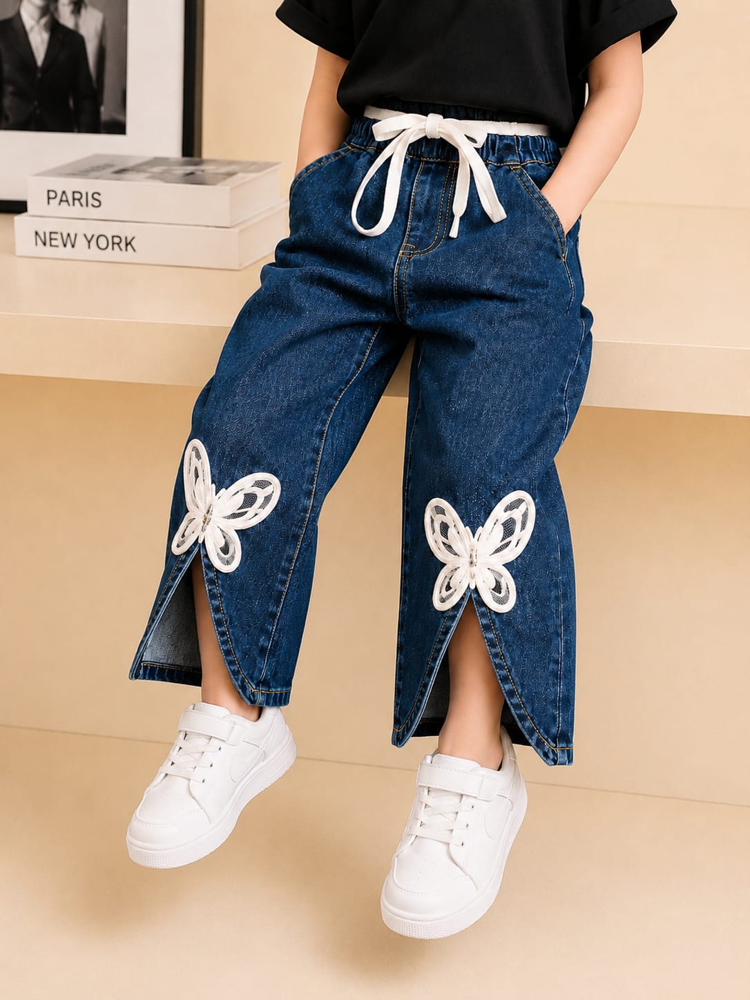 Girls Dark Blue Butterfly Applique Wide Leg Denim Jeans | Premium Fashion Jeans | Size 18–24