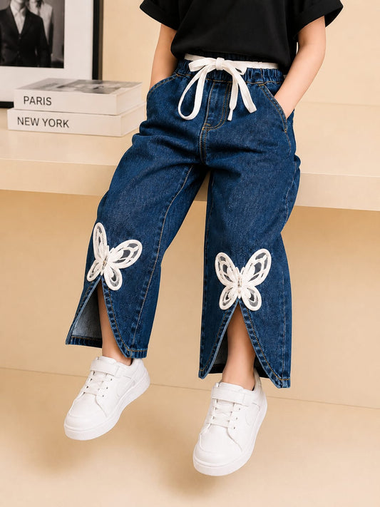 Girls Dark Blue Butterfly Applique Wide Leg Denim Jeans | Premium Fashion Jeans | Size 18–24
