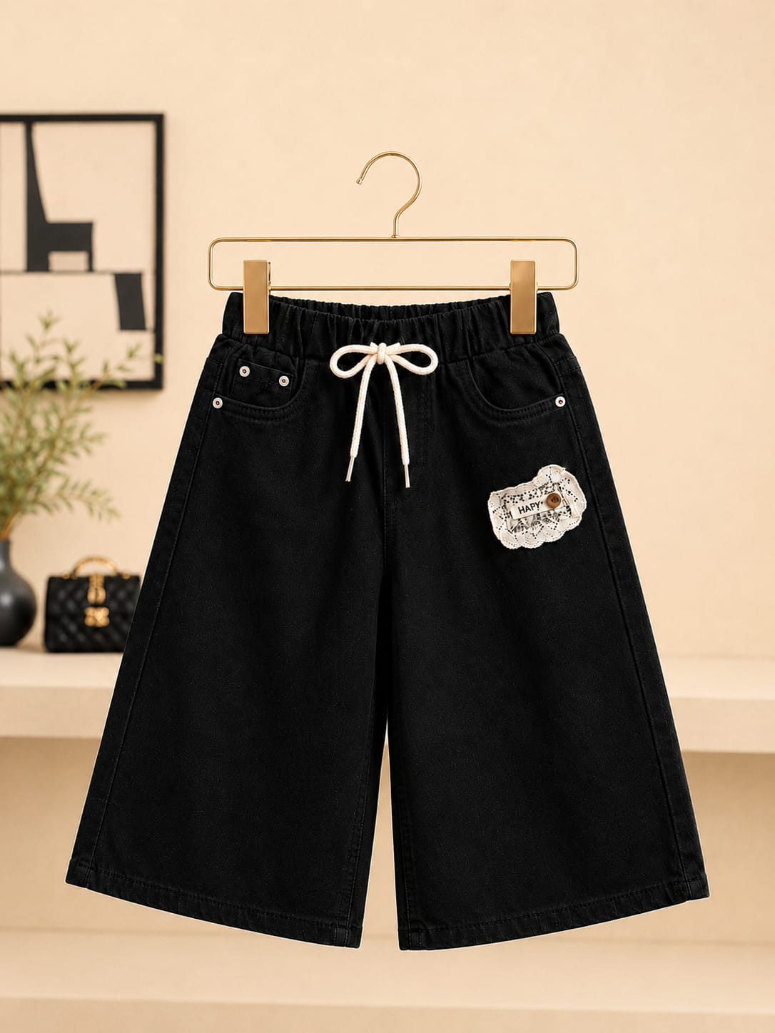 Girls Black Wide Leg Denim Jeans | Premium Casual Baggy Jeans with Drawstring | Size 18–24