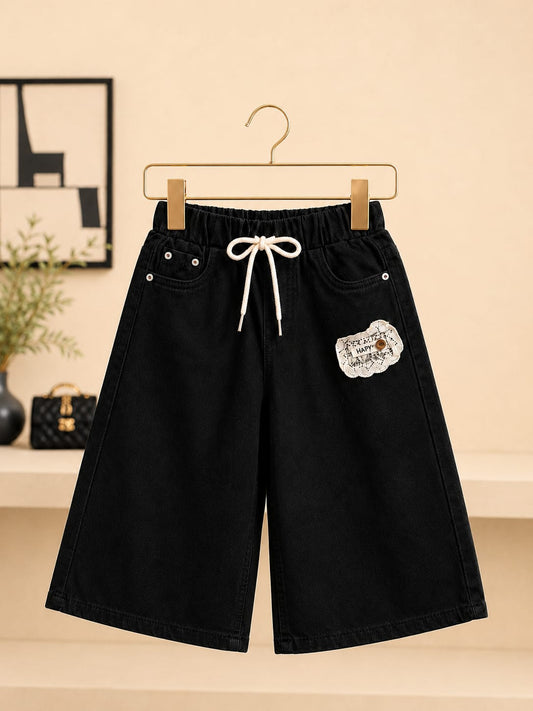 Girls Black Wide Leg Denim Jeans | Premium Casual Baggy Jeans with Drawstring | Size 18–24