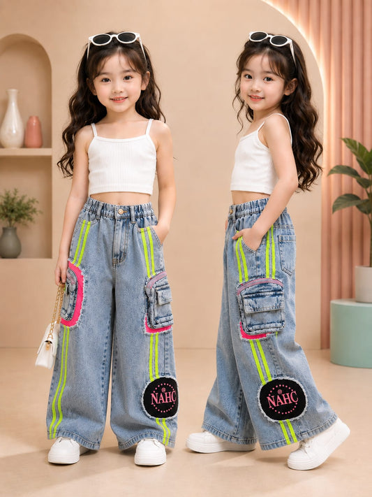 Girls Light Blue Cargo Wide Leg Denim Jeans with Neon Stripe Design | Size 24–36