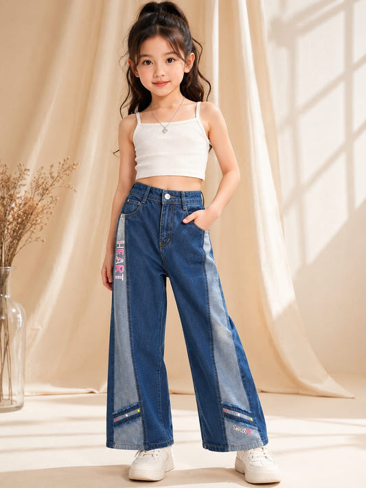 Girls Dark Blue Wide Leg Denim Jeans with Contrast Panel Design | Premium Girls Jeans | Size 24–36