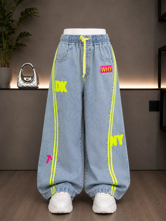 Girls Light Blue Neon Stripe Baggy Denim Jeans | Trendy Cargo Style | Size 24–36