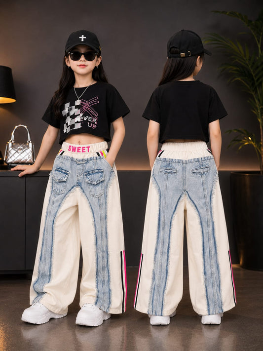 Girls Cream & Light Blue Baggy Denim Jeans | Trendy Contrast Panel Girls Jeans | Size 24–34
