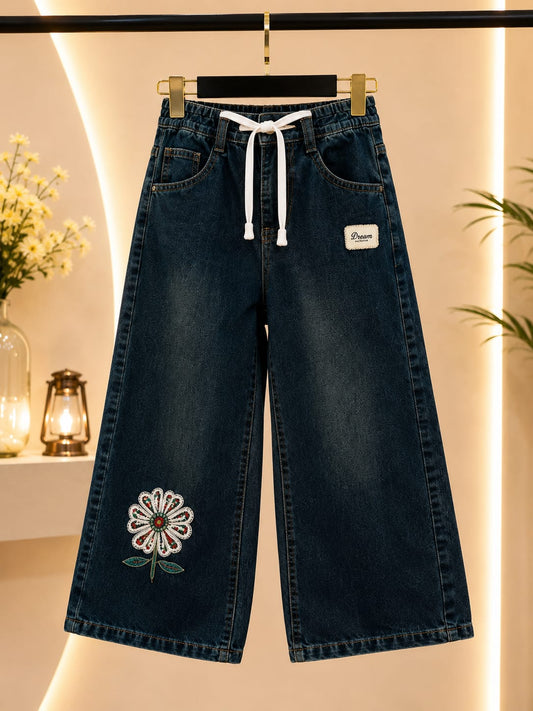 Girls Vintage Blue Floral Embroidered Wide Leg Denim Jeans | Premium Kids Fashion | Size 26–36
