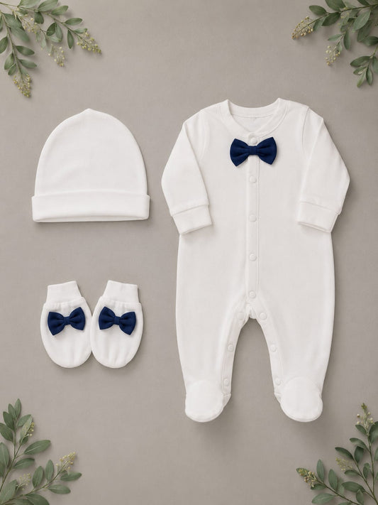 Premium Baby Boy 3-Piece Romper Set with Cap & Mittens | Soft Cotton | White | 3–12 Months