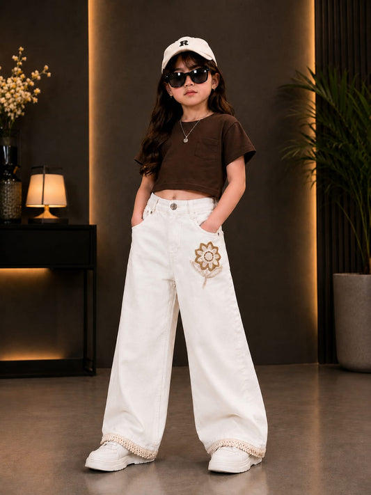 Girls White Floral Embroidered Wide Leg Denim Jeans | Premium Kids Fashion | Size 26–36
