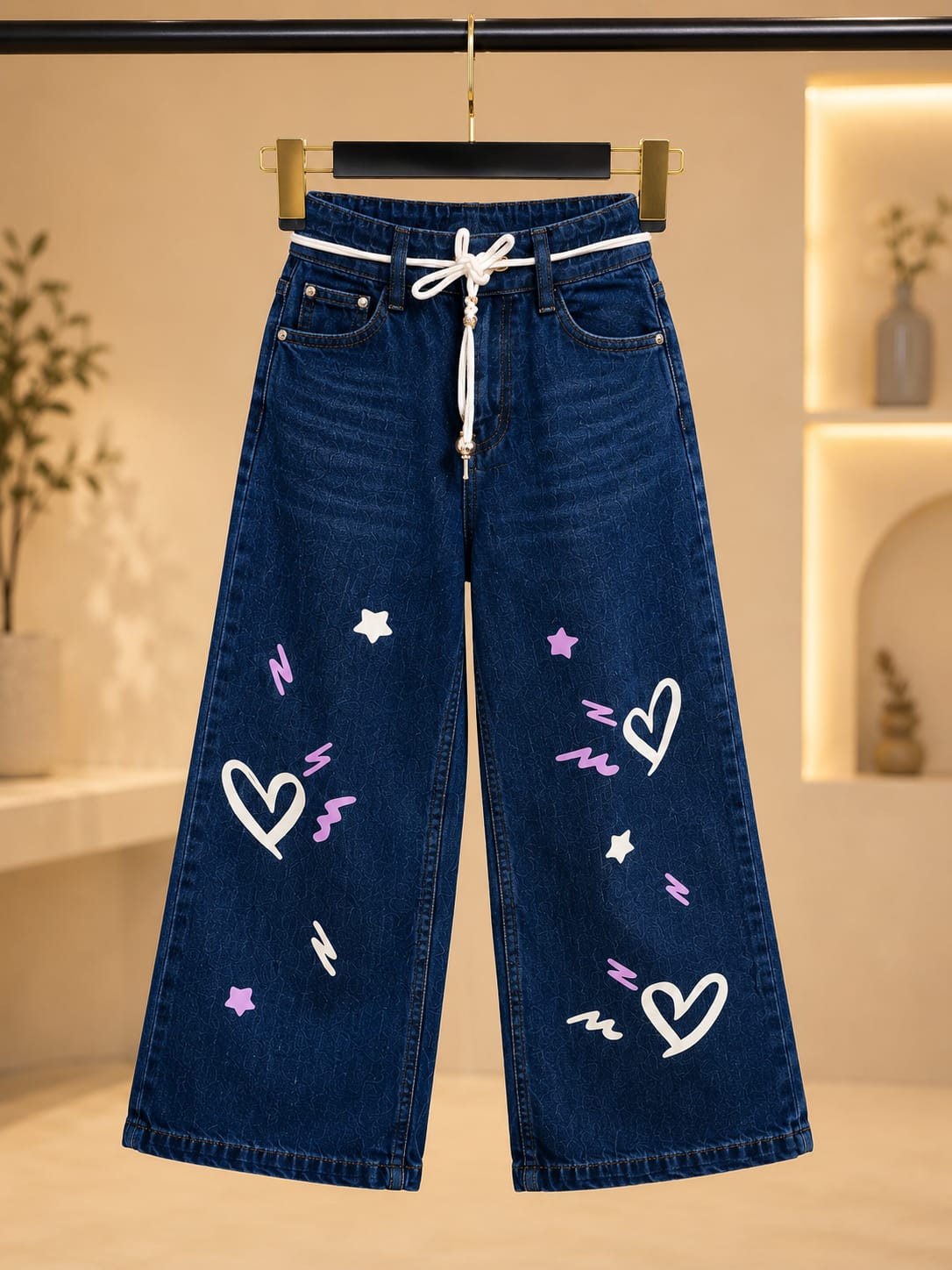 Girls Dark Blue Heart Print Wide Leg Denim Jeans | Premium Kids Fashion | Size 22–30