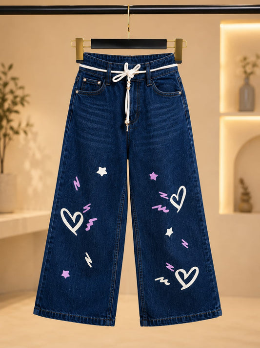 Girls Dark Blue Heart Print Wide Leg Denim Jeans | Premium Kids Fashion | Size 22–30