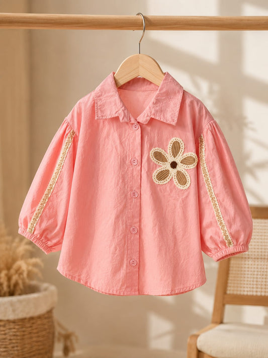 Girls Pink Floral Applique Full Sleeve Shirt | Premium Kids Cotton Top | Size 18–26