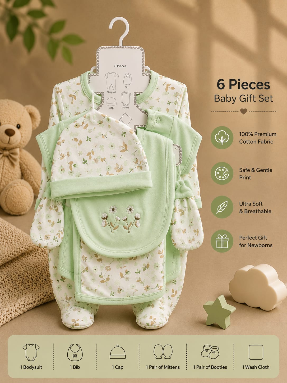 Premium Newborn 6-Piece Baby Clothing Gift Set | Soft Cotton | 0–6 Months