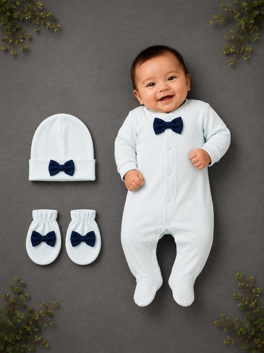 Premium Baby Boy 3-Piece Romper Set with Cap & Mittens | Sky Blue | Soft Cotton | 3–12 Months
