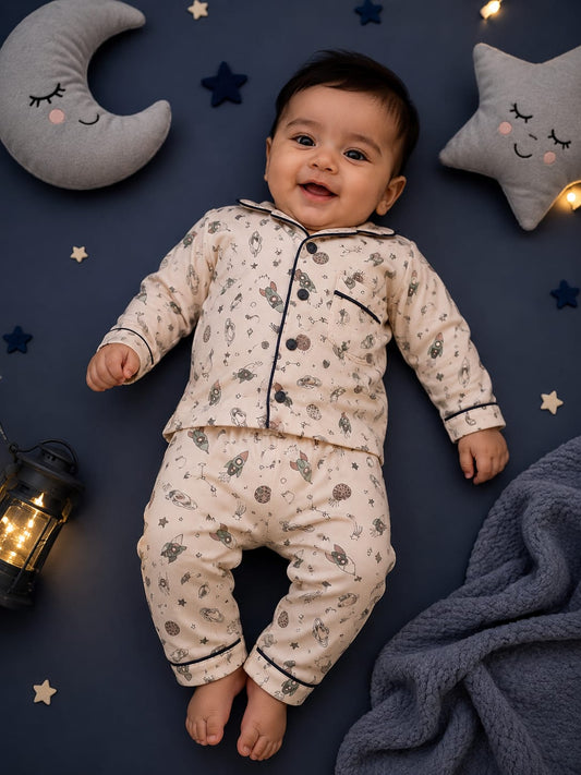Premium Kids Cotton Night Suit Set | Full Sleeve Shirt & Pajama | Space Print Sleepwear | 9–24 Months