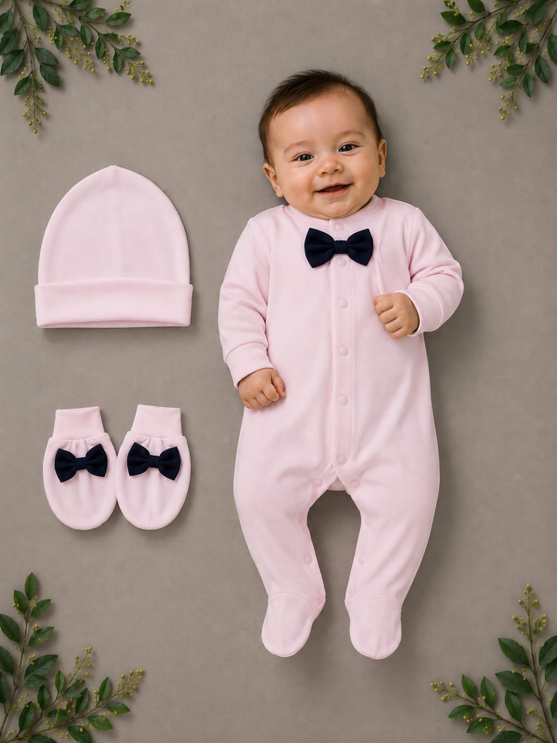 Premium Newborn Baby 3-Piece Romper Set with Cap & Mittens | Soft Cotton | Pink | 3–12 Months