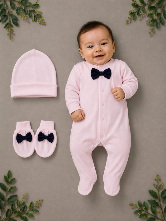 Premium Newborn Baby 3-Piece Romper Set with Cap & Mittens | Soft Cotton | Pink | 3–12 Months